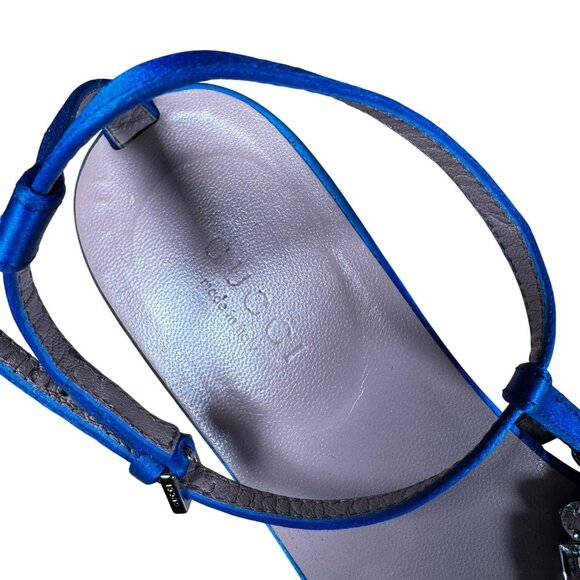 Gucci Crystal Interlocking GG T-Strap Flat Sandals Blue Satin Size 37.5 - Picture 9 of 10